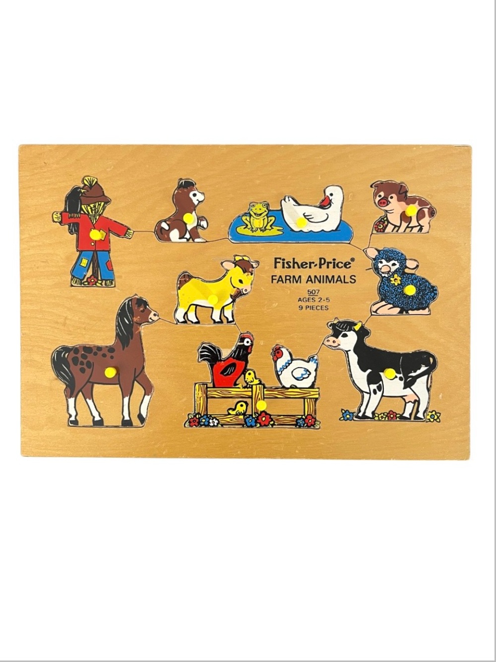 Vintage Fisher Price Farm Animals Wooden Peg Puzzle #507